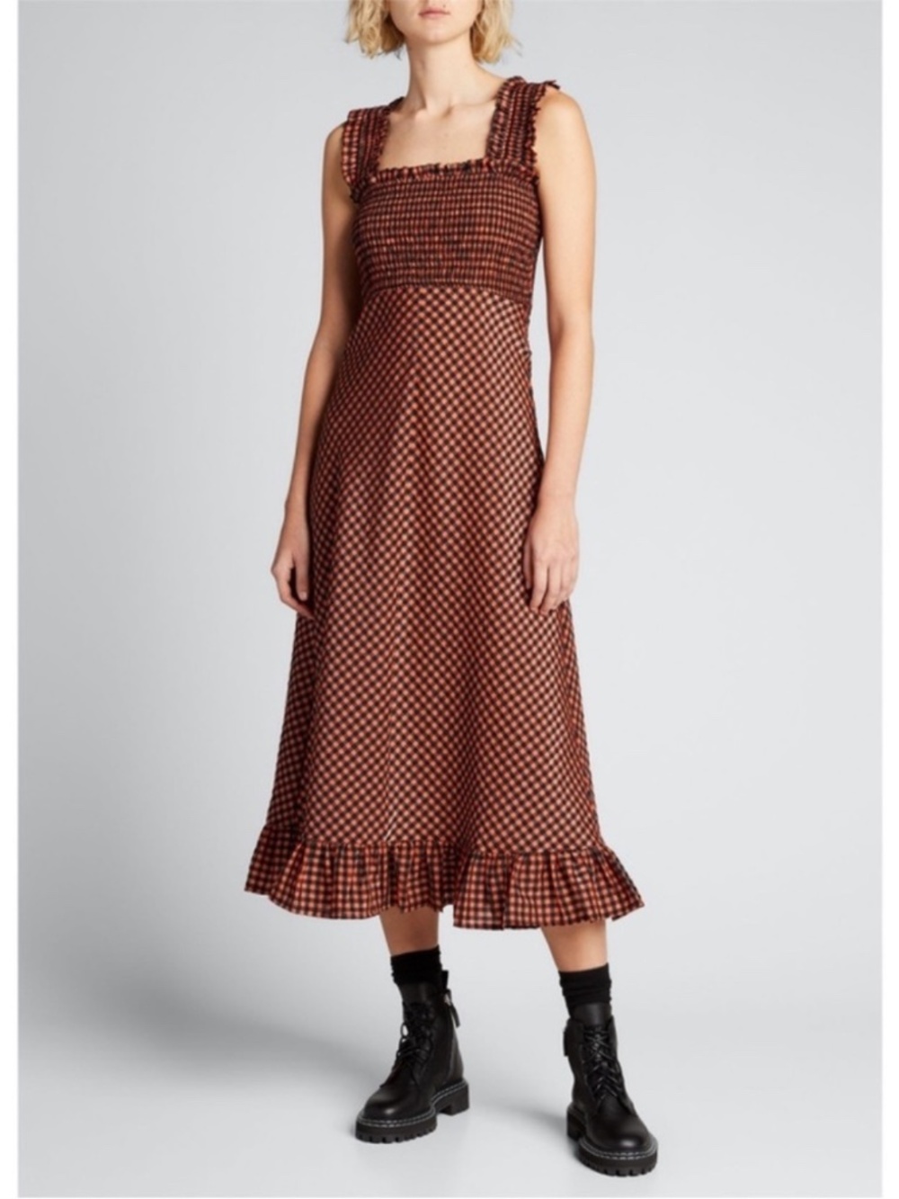 NEW Ganni Seersucker Check Dress Flame 40 - Picture 11 of 17